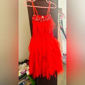 Elegant Red Feathered Kids Dress